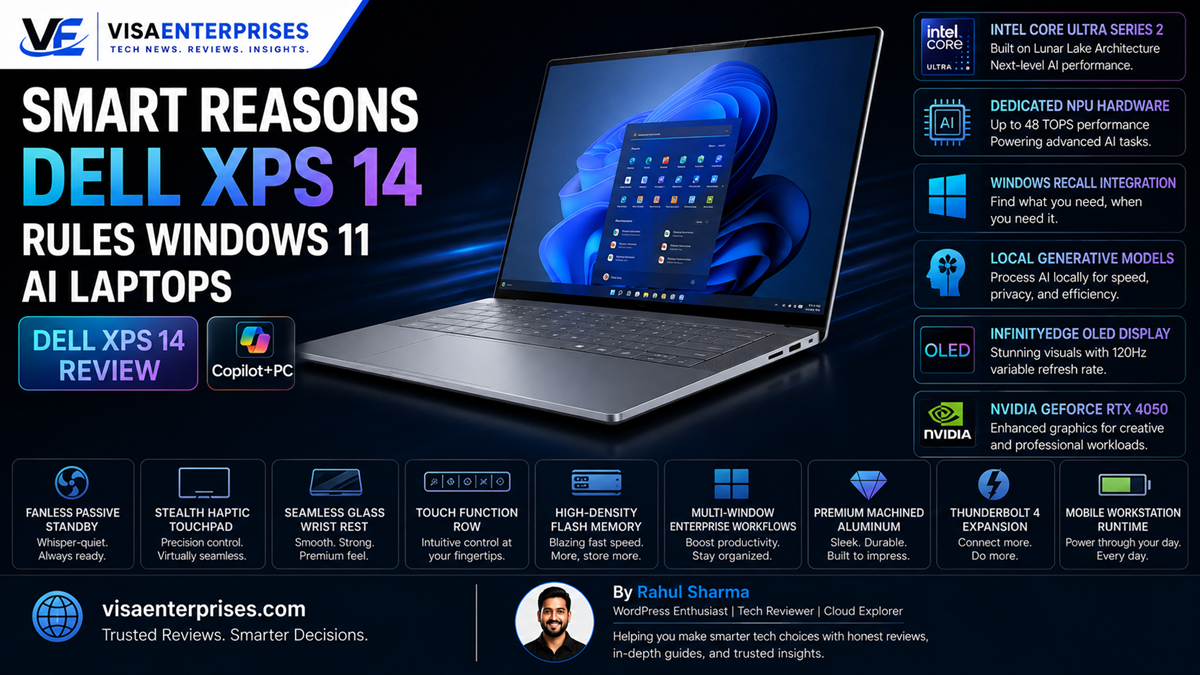 Windows 11 AI laptops. The premium Dell XPS 14 notebook open on a modern enterprise desk setup