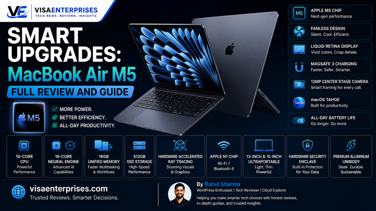 The open MacBook Air M5 in Sky Blue resting on a modern workspace desk